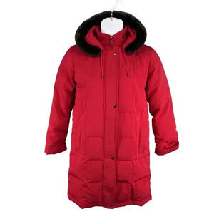 Centigrade Womens XS Down Red Jacket Removable Faux Fur Hood Long Quilted Coat